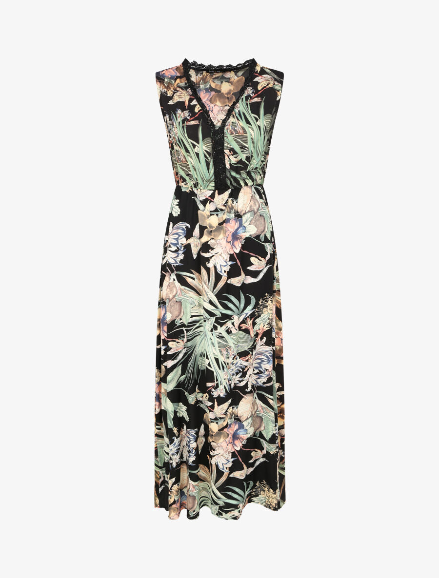Robe longue en coton imprimé fleurs tropicales - Noir - 4