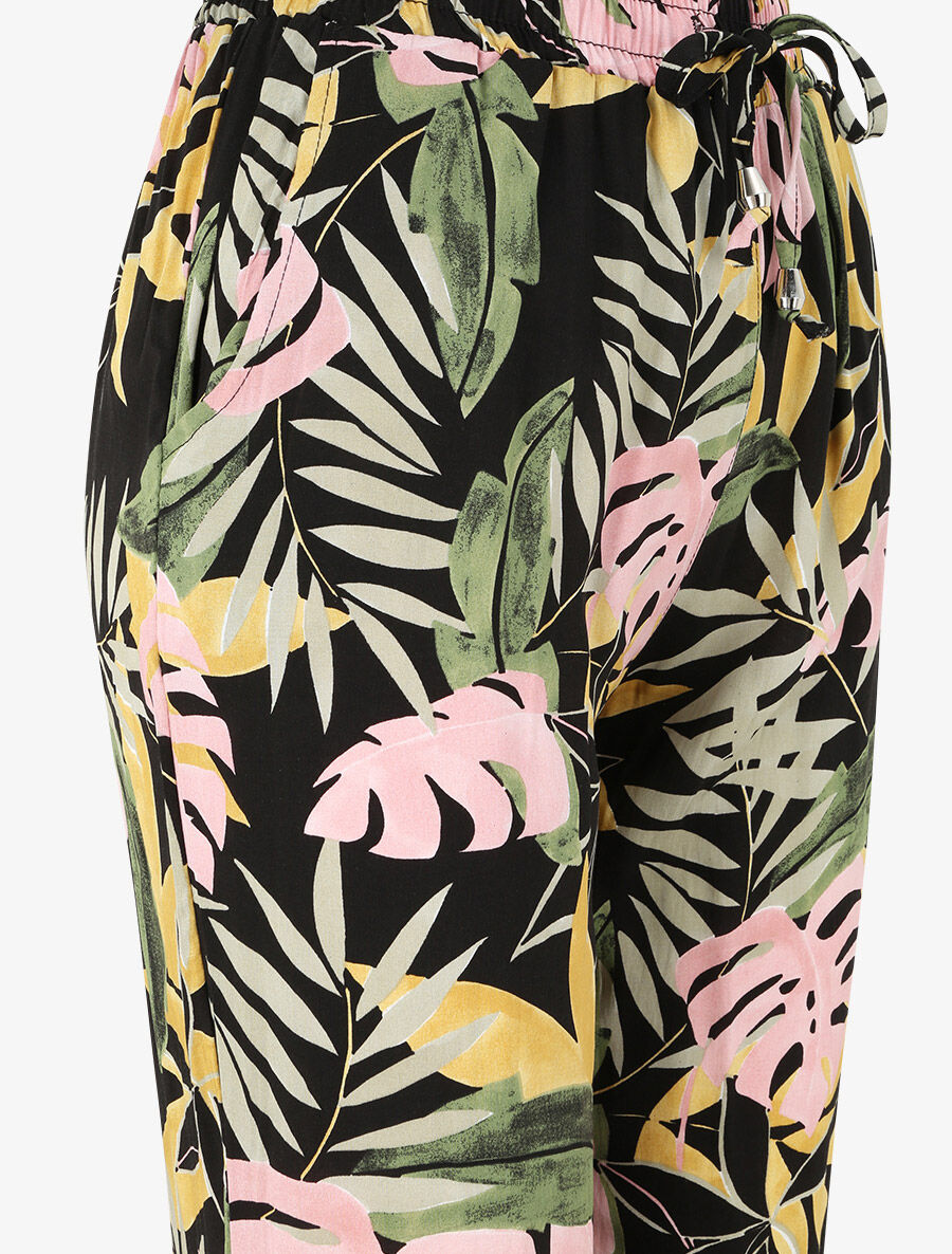 Pantalon fluide imprimé fleurs tropicales à bords élastiqués - Noir - 3