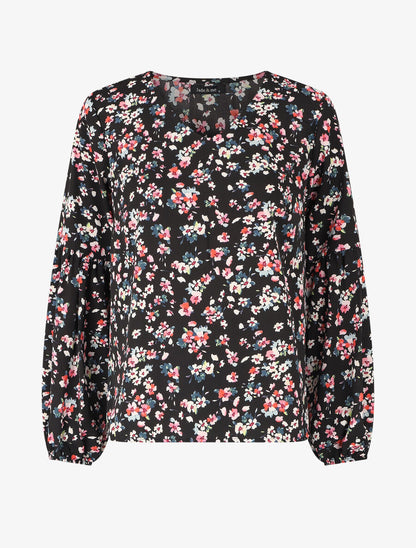 Top ample fleuri à col V - Noir - 5