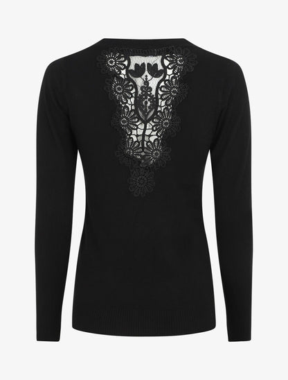 Pull à col rond et dos en dentelle - Noir - 1