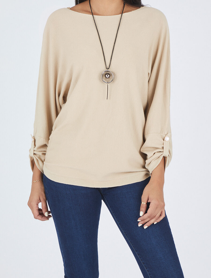 Pull ample à poignets boutonnés - Beige - 4