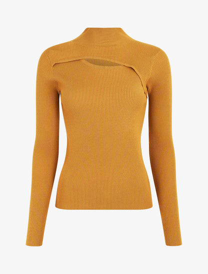 Pull col montant et décolleté ajouré - Moutarde - 5
