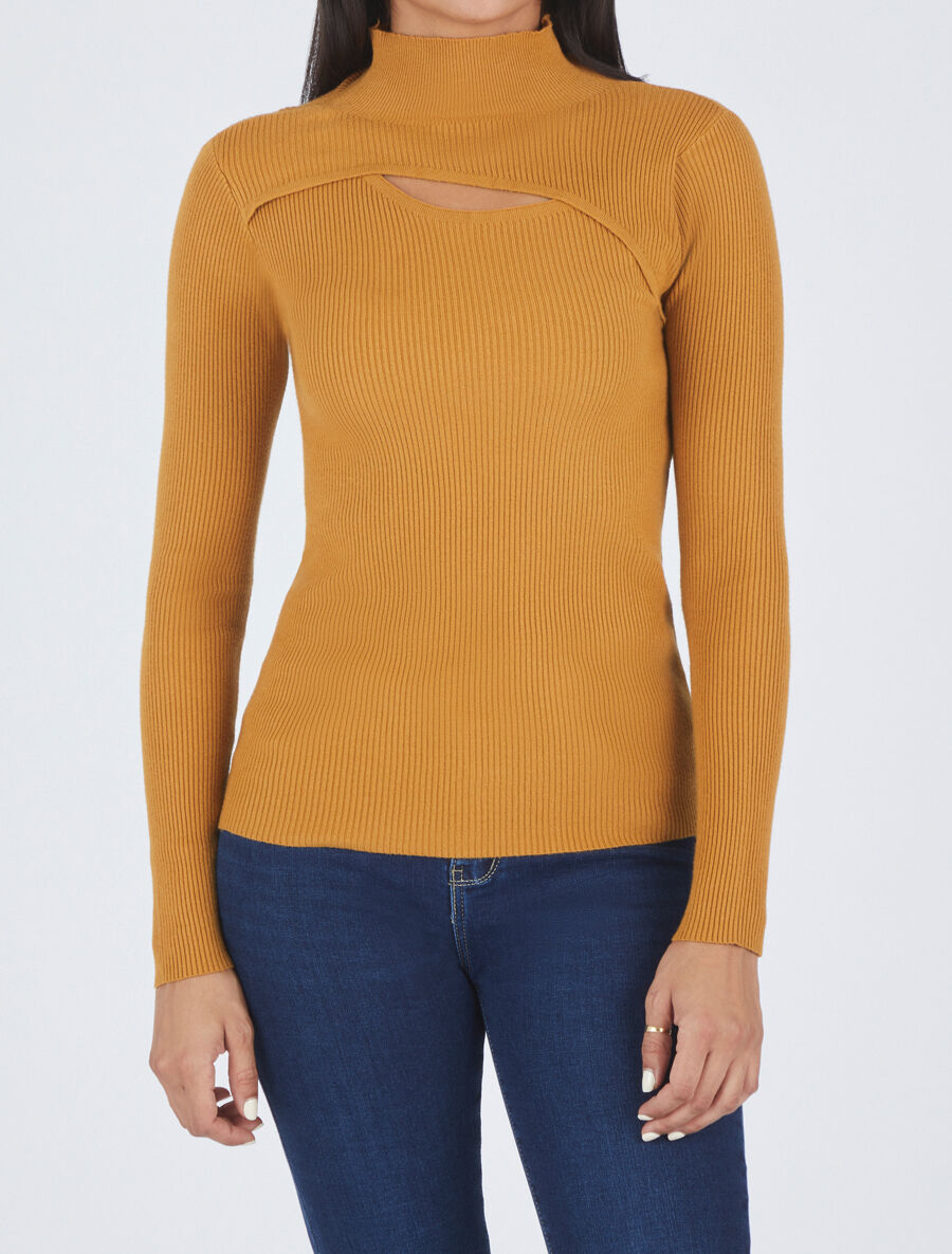 Pull col montant et décolleté ajouré - Moutarde - 4