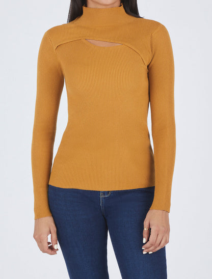 Pull col montant et décolleté ajouré - Moutarde - 4