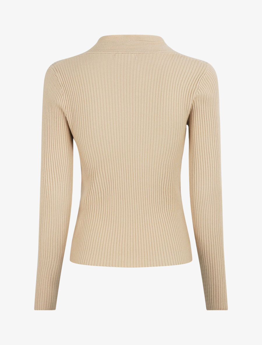Pull côtelé col carré - Beige - 2