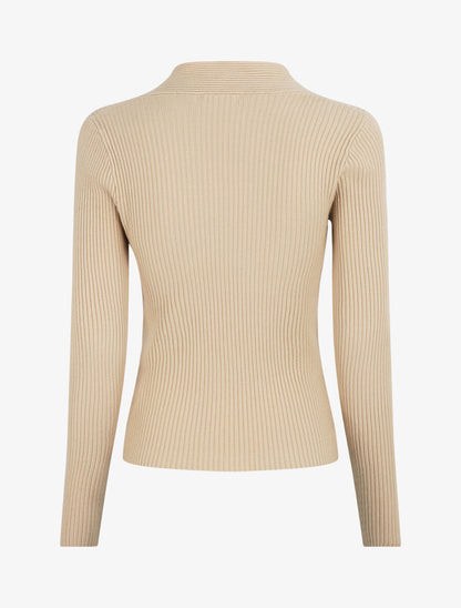 Pull côtelé col carré - Beige - 2