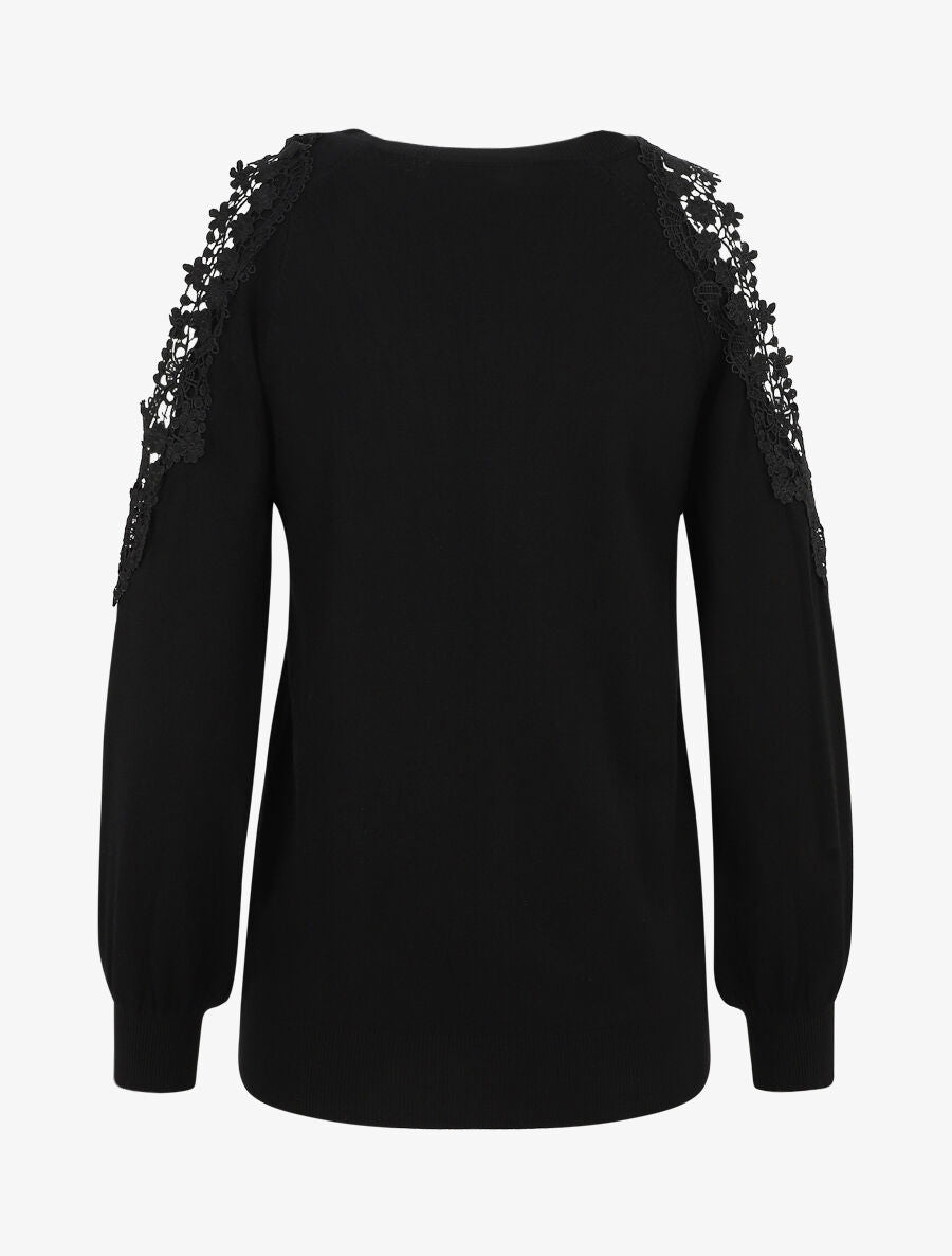 Pull épaules ajourées en dentelle - Noir - 3