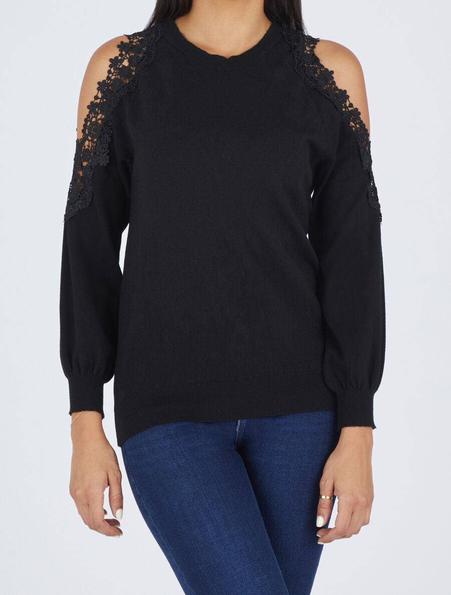 Pull épaules ajourées en dentelle - Noir - 1
