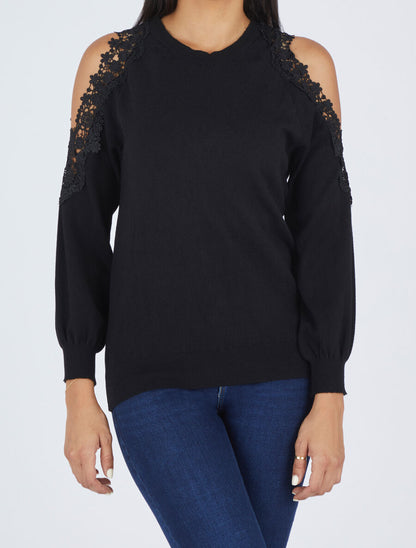 Pull épaules ajourées en dentelle - Noir - 1