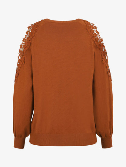 Pull épaules ajourées en dentelle - Terre de sienne - 3