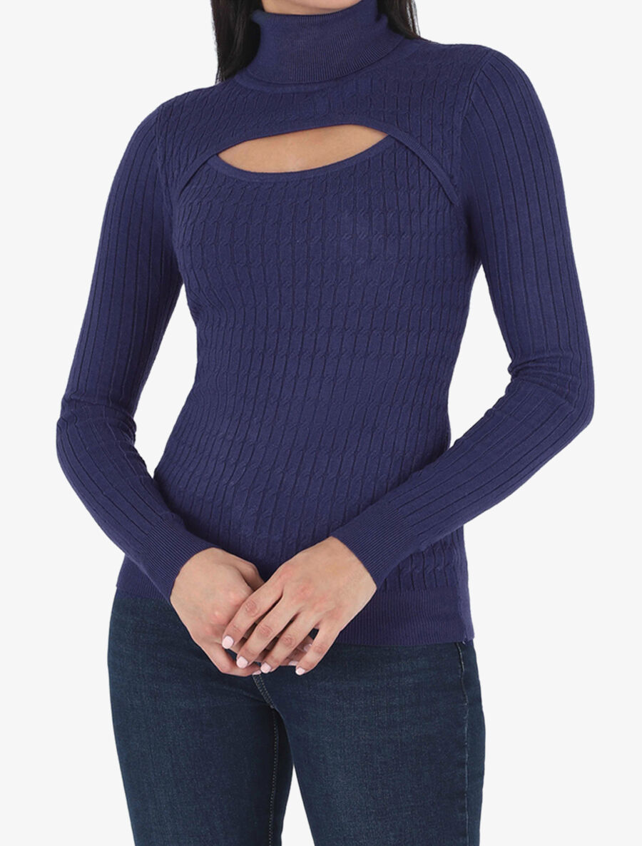 Pull col montant et decolleté ajouré - Marine - 4