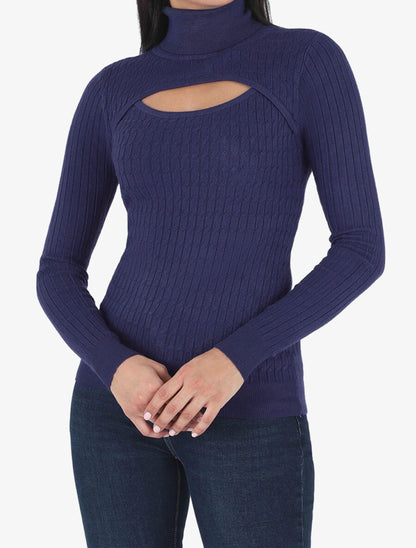 Pull col montant et decolleté ajouré - Marine - 4