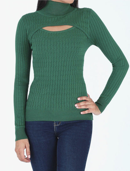 Pull col montant et decolleté ajouré - Vert - 4
