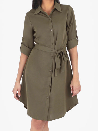 Robe chemise unie coupe droite - Kaki - 4