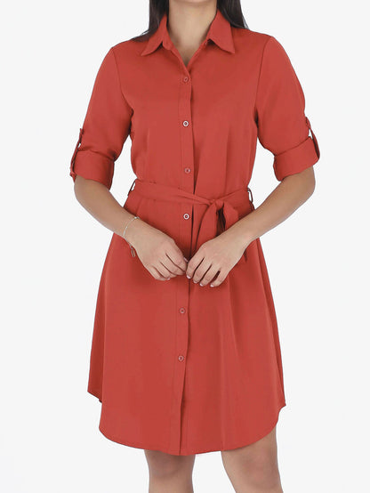 Robe chemise unie coupe droite - Brique - 4