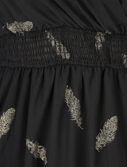Robe mi-longue à imprimé plumes dorées - Noir - 3