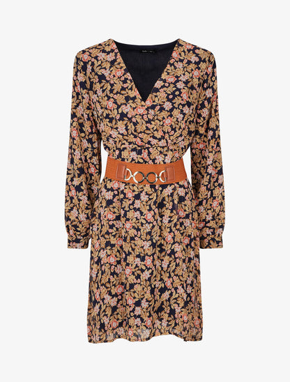 Robe mi-longue à imprimé fleuri et détail irisée - Marine - 1