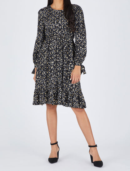 Robe évasée imprimé feuilles irisées - Noir - 4