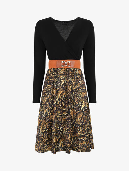Robe évasée bi-matière imprimé cachemire - Noir - 4