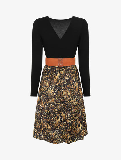 Robe évasée bi-matière imprimé cachemire - Noir - 2