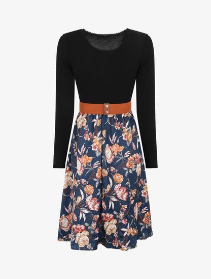 Robe bicolore à imprimé floral - Marine - 2