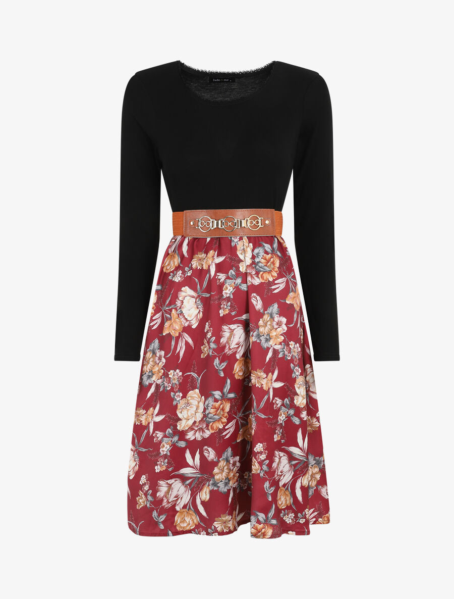 Robe bicolore à imprimé floral - Bordeaux - 4