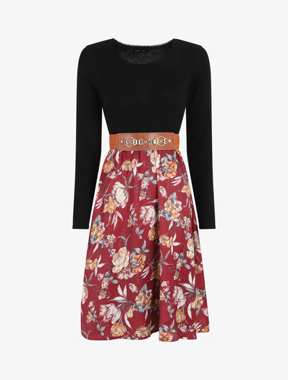 Robe bicolore à imprimé floral - Bordeaux - 4