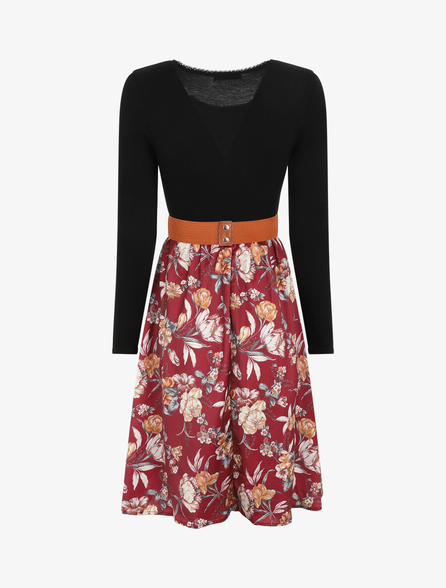 Robe bicolore à imprimé floral - Bordeaux - 2