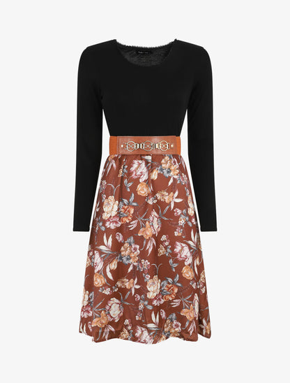 Robe bicolore à imprimé floral - Marron - 1