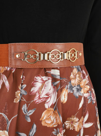 Robe bicolore à imprimé floral - Marron - 3