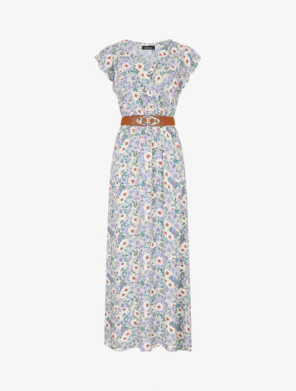 Robe longue imprimé fleuri à manches volantées - Beige - 5