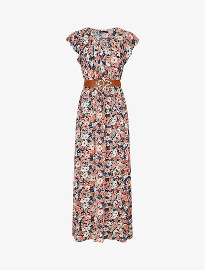 Robe longue imprimé fleuri à manches volantées - Marine - 1