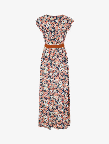 Robe longue imprimé fleuri à manches volantées - Marine - 2