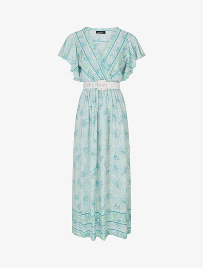 Robe longue élastiquée imprimé floral - Vert - 1