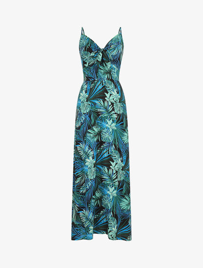 Robe longue imprimé feuillage et col à nouer - Noir - 5