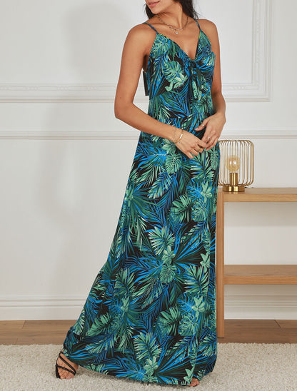 Robe longue imprimé feuillage et col à nouer - Noir - 4
