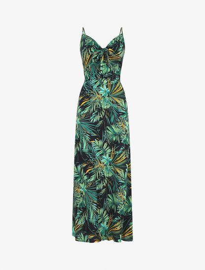 Robe longue imprimé feuillage et col à nouer - Bleu nuit - 1