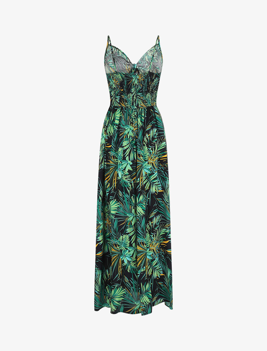 Robe longue imprimé feuillage et col à nouer - Bleu nuit - 2