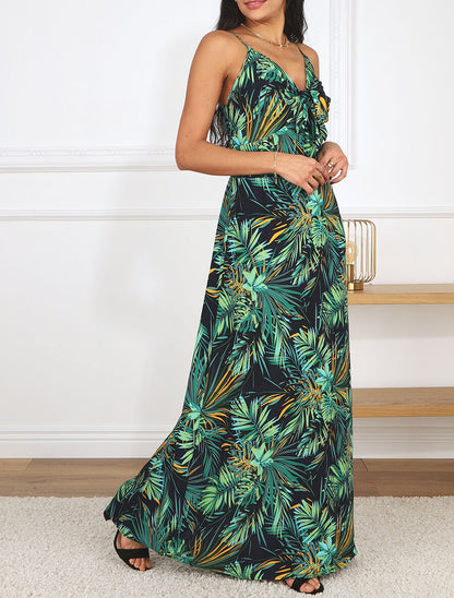 Robe longue imprimé feuillage et col à nouer - Bleu nuit - 4