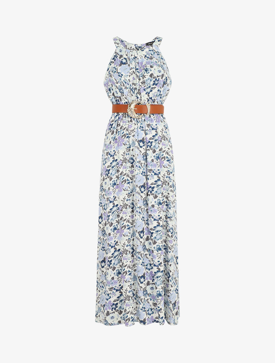 Robe longue empire à taille élastiquée - Bleu - 1