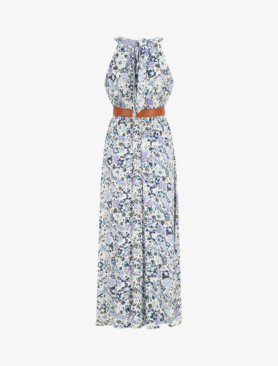 Robe longue empire à taille élastiquée - Bleu - 2