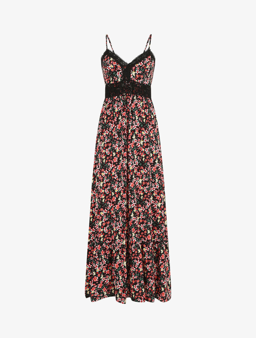 Robe longue à col dentelle et imprimé multi-fleurs - Noir - 1