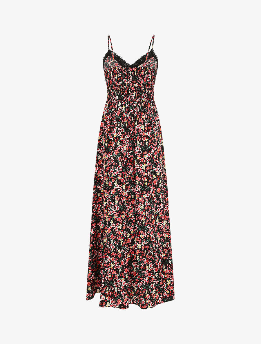 Robe longue à col dentelle et imprimé multi-fleurs - Noir - 2