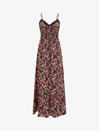 Robe longue à col dentelle et imprimé multi-fleurs - Noir - 2