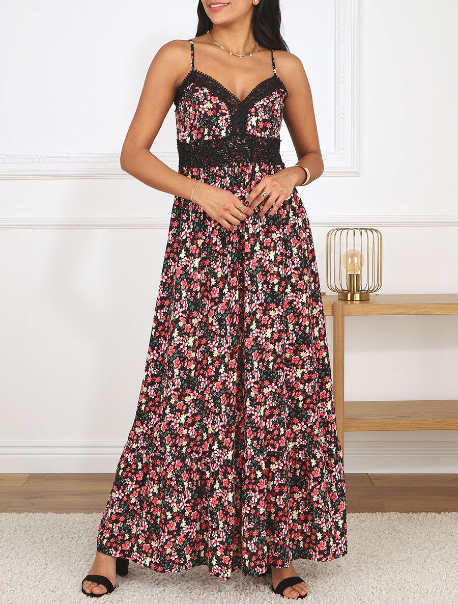 Robe longue à col dentelle et imprimé multi-fleurs - Noir - 4