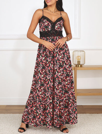 Robe longue à col dentelle et imprimé multi-fleurs - Noir - 4