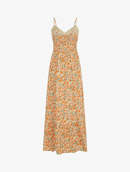 Robe longue à col dentelle et imprimé multi-fleurs - Beige - 2