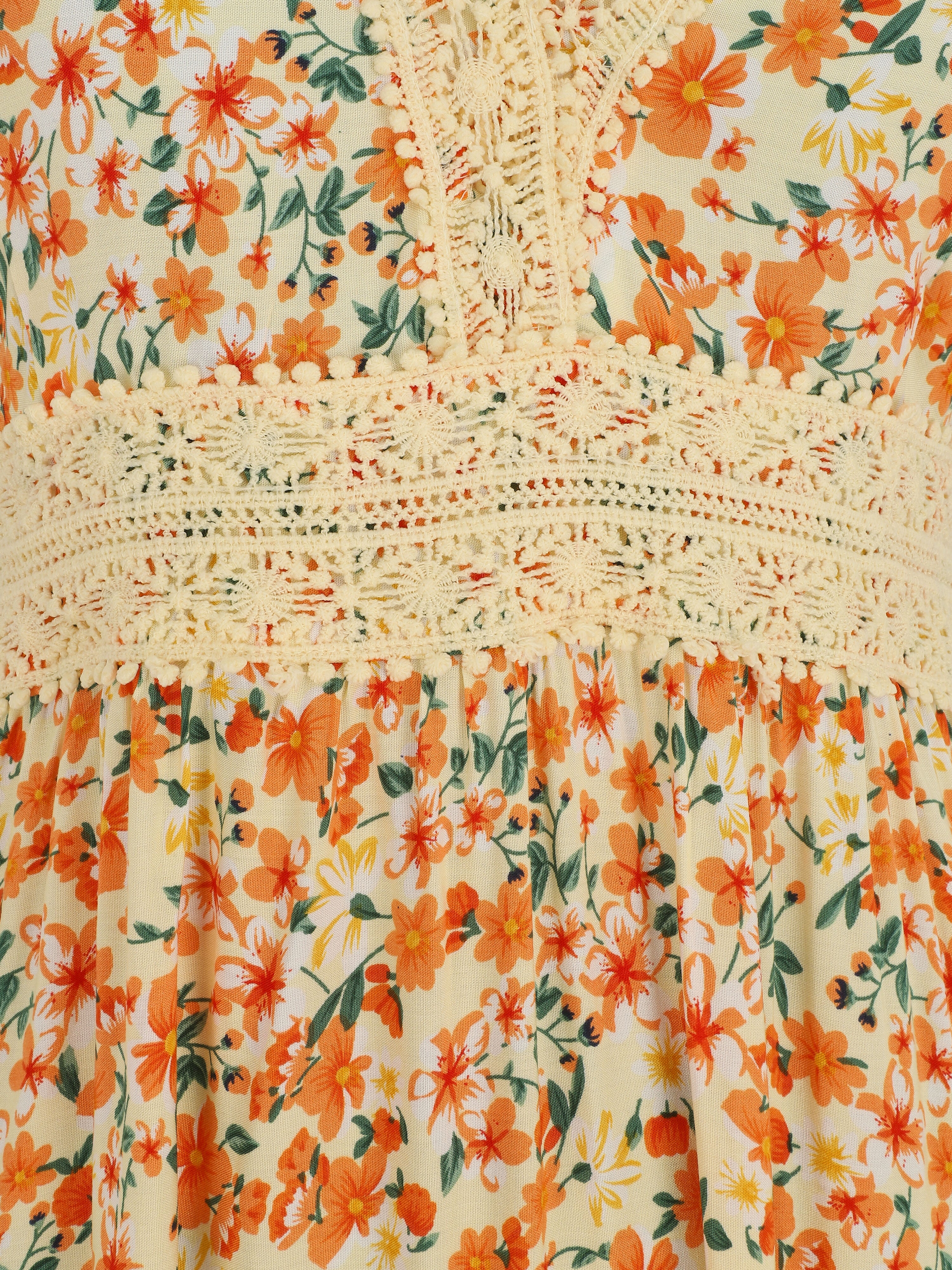 Robe longue à col dentelle et imprimé multi-fleurs - Beige - 3