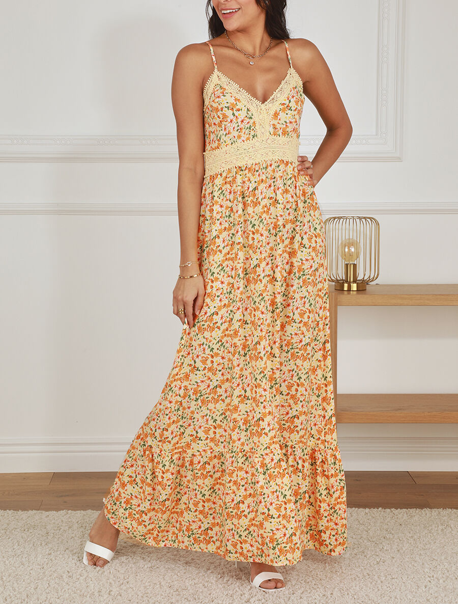 Robe longue à col dentelle et imprimé multi-fleurs - Beige - 4