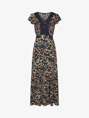 Robe longue élastiquée imprimé fleuri et broderies - Marine - 5